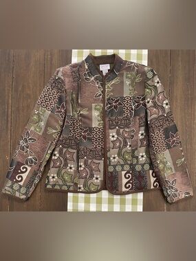 Vintage Renaissance Womens Tapestry Patchwork Floral Quilted Blazer in Brown
